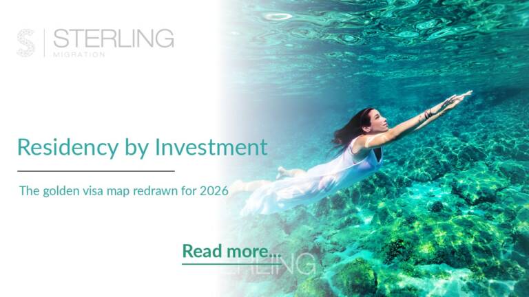 Residency by investment 2026, golden visa options for wealthy families, woman swimming in clear ocean, Sterling Migration article