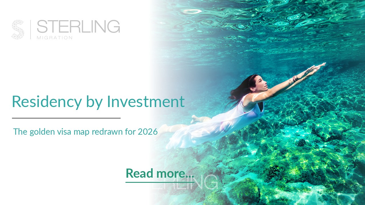 Residency by investment 2026, golden visa options for wealthy families, woman swimming in clear ocean, Sterling Migration article